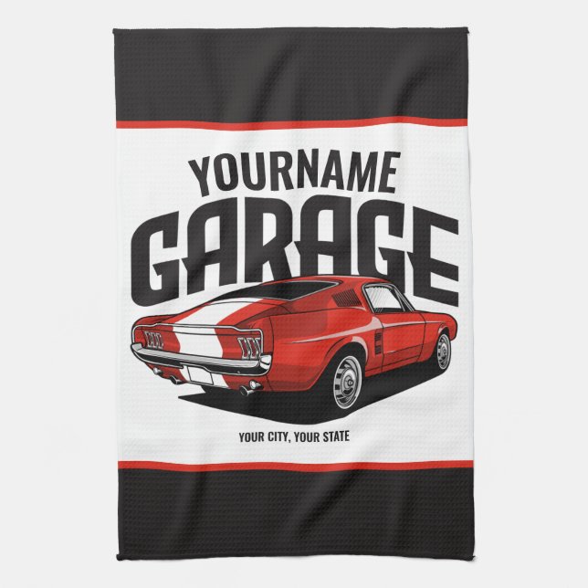 Personalisiertes Muskelwagen 1967 Garage Geschirrtuch (Vertikal)