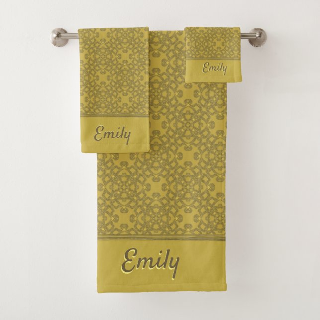 Personalisiertes Mustard Yellow Pattern Badhandtuch Set (Insitu)