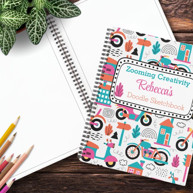 Personalisiertes Muster des Moped Doodle Notizbuch (Fuel artistic adventures with our vibrant colored Moped Doodle Pattern Sketchbook. Customize today!)