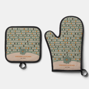 Personalisiertes Muster für grüne Retroorvale Ofenhandschuh & Topflappen-Set