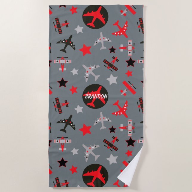 Personalisiertes Muster für Red Gray Airplanes Strandtuch (Vorderseite)