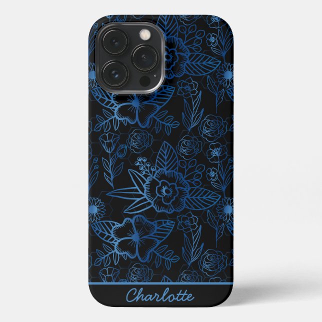 Personalisiertes, nahtloses Muster, blau schwarz iPhone 13 Pro Max Hülle (Rückseite)