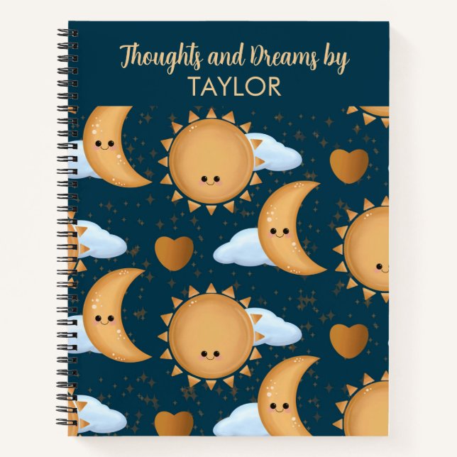 Personalisiertes Name Blau Gold Sonne Mond Traum J Notizbuch (Vorderseite)