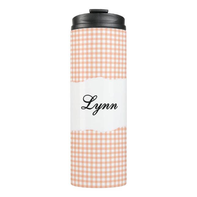 Personalisiertes Name Orange Gingham-Muster Thermosbecher (Vorderseite)