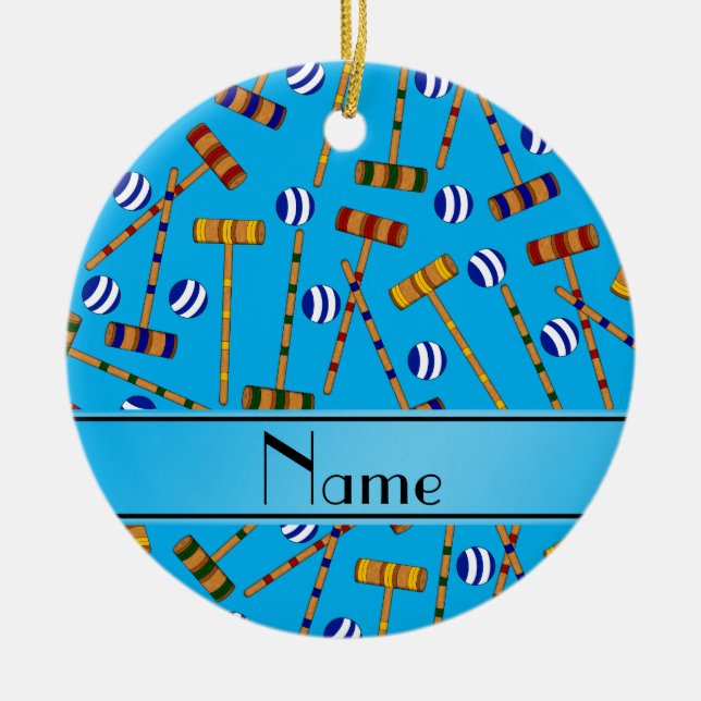 Personalisiertes Namenshimmelblau-Kroketmuster Keramikornament (Vorne)