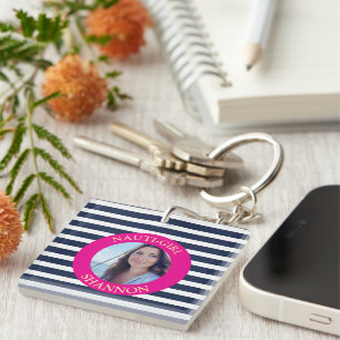 Personalisiertes Nauti-Girl Navy Blue Stripes Foto Schlüsselanhänger