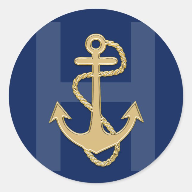 Personalisiertes Nautic Navy Blue Gold MONOGRAM Runder Aufkleber (Vorderseite)