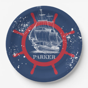Personalisiertes Nautic Party Sailboat Blue Pappteller