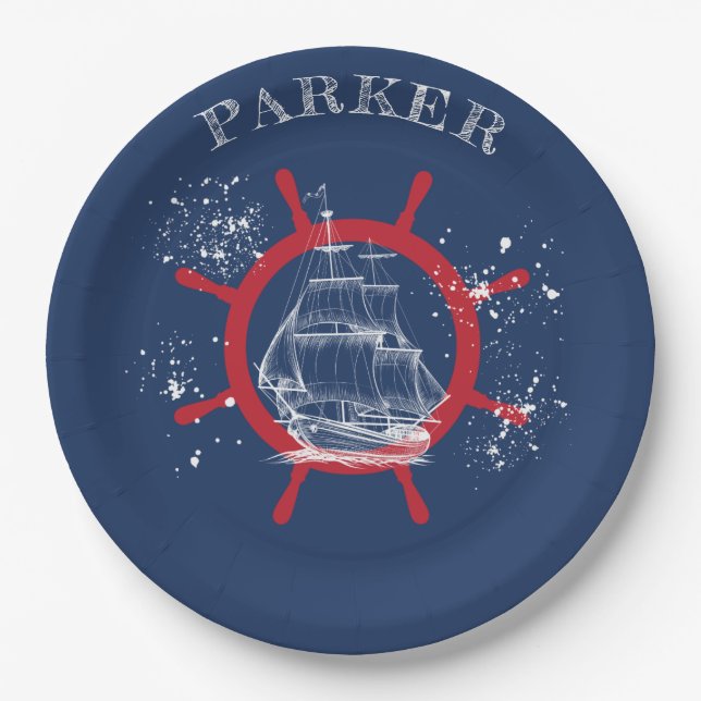 Personalisiertes Nautic Party Sailboat Blue Pappteller (Vorderseite)