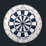 Personalisiertes Nautik-Blau und Weiß Dartscheibe<br><div class="desc">Nautical Marine blau-weiße Dartboard mit eigenem Text oben und unten. Mit einer Drehung auf dem klassischen Dartboard bietet dieses lustige Game-Board ein cremefarbenes und marineblaues Farbschema,  das mit vielen Wohngestaltungen für eine moderne Drehung gut funktioniert.</div>