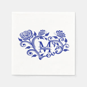 Personalisiertes Navy Blaues Florales Monogramm M Serviette