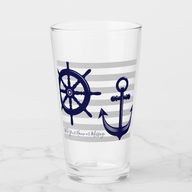 Personalisiertes Navy Blue Anchor Boat Wheel Nauti Glas (Vorderseite)