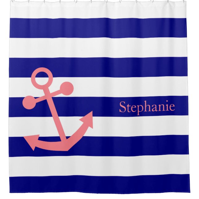 Personalisiertes Navy Blue und Blush Pink Duschvorhang (Vorderseite)