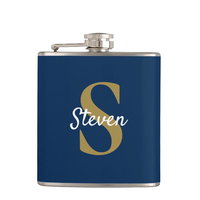 Personalisiertes Navy Blue und Gold Monogram Flachmann (Vorderseite)