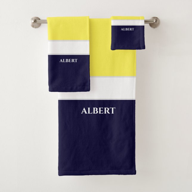 Personalisiertes Navy Blue Yellow Bath Handtuch Se Badhandtuch Set (Insitu)