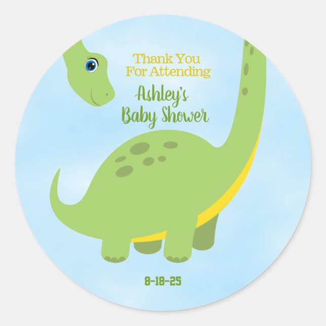 Personalisiertes Niedliches Baby Duschbad Dino Vie Runder Aufkleber (Vorderseite)