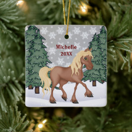 Personalisiertes Niedliches Braun Winterpferd Keramikornament