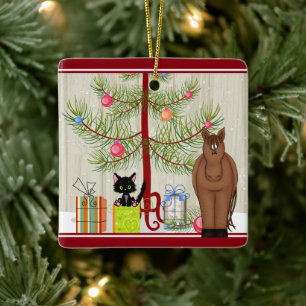 Personalisiertes Niedliches Brown Horse and Kitten Keramikornament