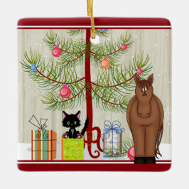 Personalisiertes Niedliches Brown Horse and Kitten Keramikornament