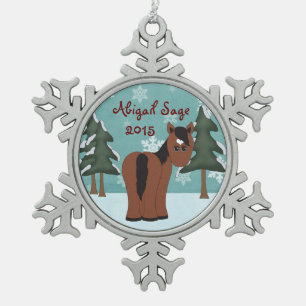 Personalisiertes Niedliches Brown Horse mit Heart  Schneeflocken Zinn-Ornament