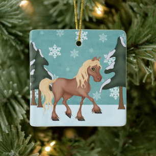 Personalisiertes Niedliches Brown Horse Snowy Keramikornament