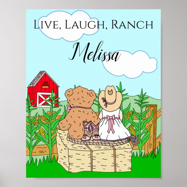 Personalisiertes Niedliches Cowgirl und Teddy Bar  Poster (Vorne)