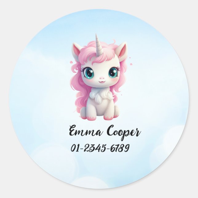 Personalisiertes Niedliches Einhorn, Name, Telefon Runder Aufkleber (Vorderseite)