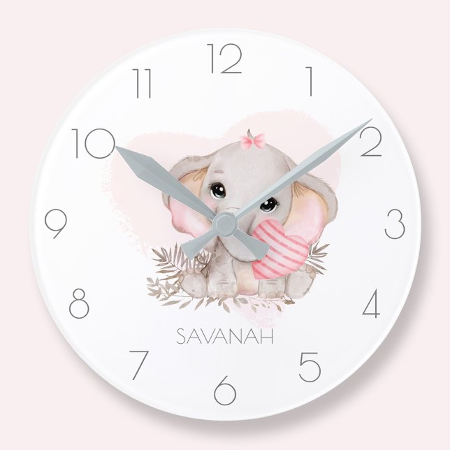 Personalisiertes niedliches Elefantenmädchen in Ro Runde Wanduhr (Personalized cute elephant girl pink round clock)