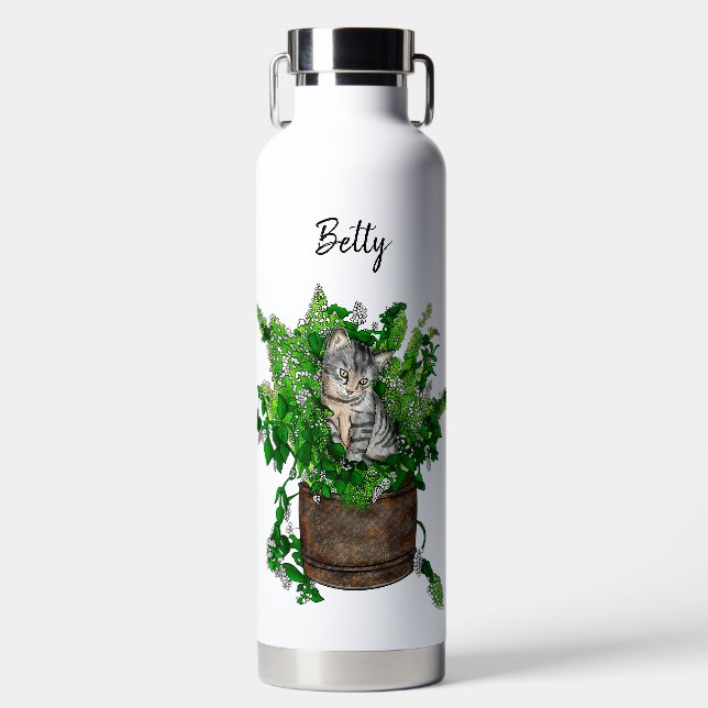 Personalisiertes Niedliches Kitten in Catnip Pot Trinkflasche (Vorderseite)
