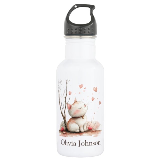Personalisiertes Niedliches Kitten mit Herz Edelstahlflasche (Vorderseite)