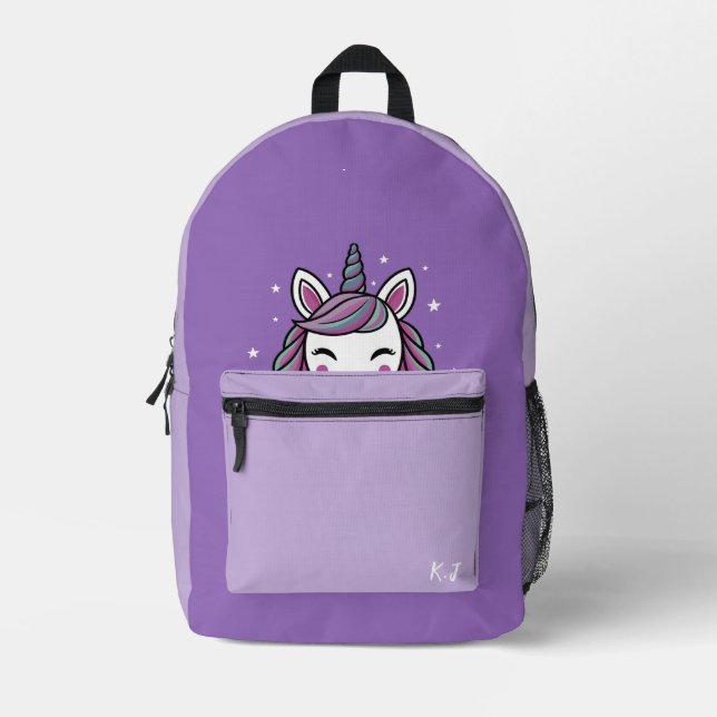 Personalisiertes Niedliches lila Einhorn Bedruckter Rucksack (Vorderseite)