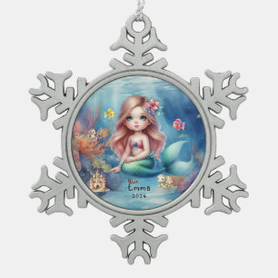 Personalisiertes Niedliches Meerjungfrau Foto Wass Schneeflocken Zinn-Ornament