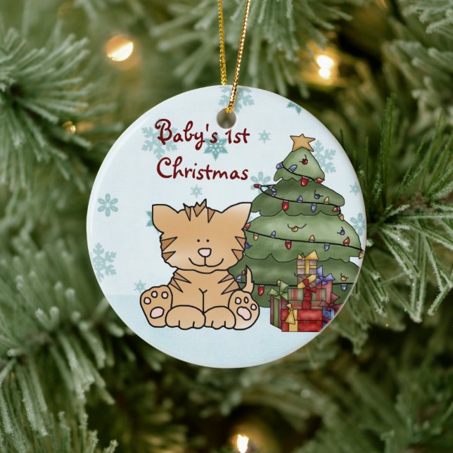 Personalisiertes Niedliches Orange Cat Baby's 1. W Keramik Ornament (Baum)