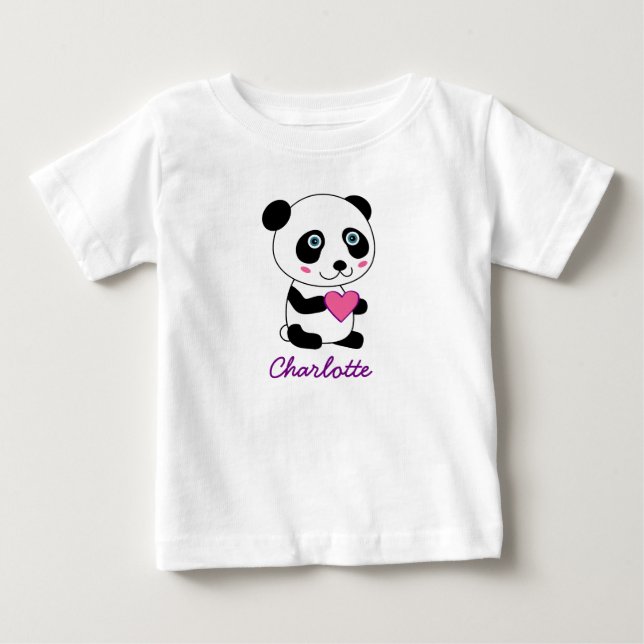 Personalisiertes Niedliches Panda mit rosa Herz Baby T-shirt (Vorderseite)