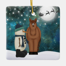 Personalisiertes Niedliches Pferd und Schneemann W Keramikornament