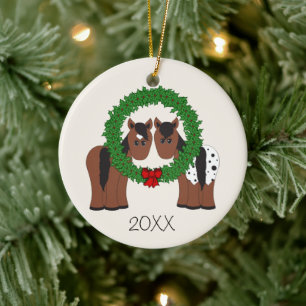 Personalisiertes Niedliches Pferd Weihnachtskranz Keramik Ornament