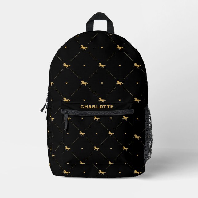 Personalisiertes Niedliches Pferdemuster Schwarz Bedruckter Rucksack (Vorderseite)