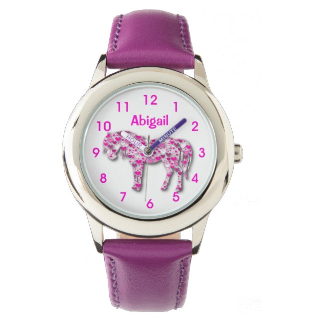Personalisiertes Niedliches Rosa Herzpony Armbanduhr (Vorderseite)