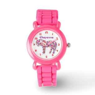 Personalisiertes Niedliches Rosa und Lila Hornpony Armbanduhr