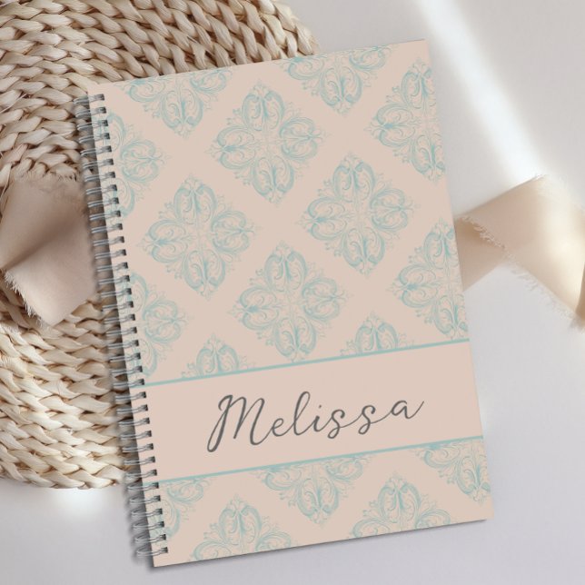 Personalisiertes Niedliches Soft Blue Creme Damask Notizbuch (Von Creator hochgeladen)
