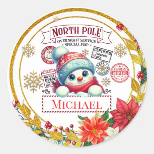 Personalisiertes Nordpol-Schneemann-Weihnachtsgesc Runder Aufkleber