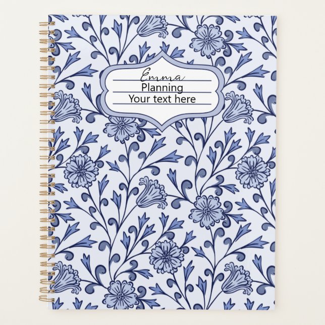 Personalisiertes Notizbuch mit blauen Blumenmuster Planer (Vorderseite)