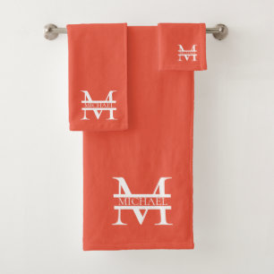 Personalisiertes Orange Monogramm und Name Badhandtuch Set