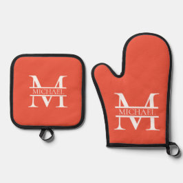 Personalisiertes Orange Monogramm und Name Ofenhandschuh & Topflappen-Set