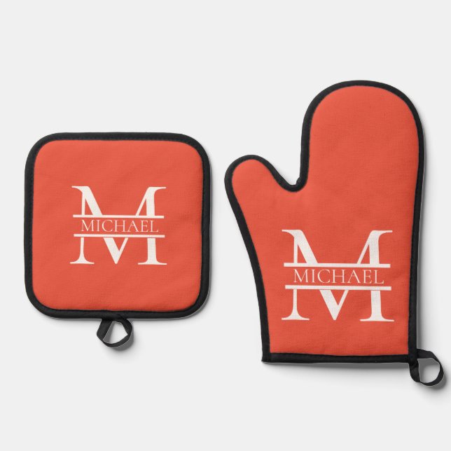 Personalisiertes Orange Monogramm und Name Ofenhandschuh & Topflappen-Set (Vorderseite)