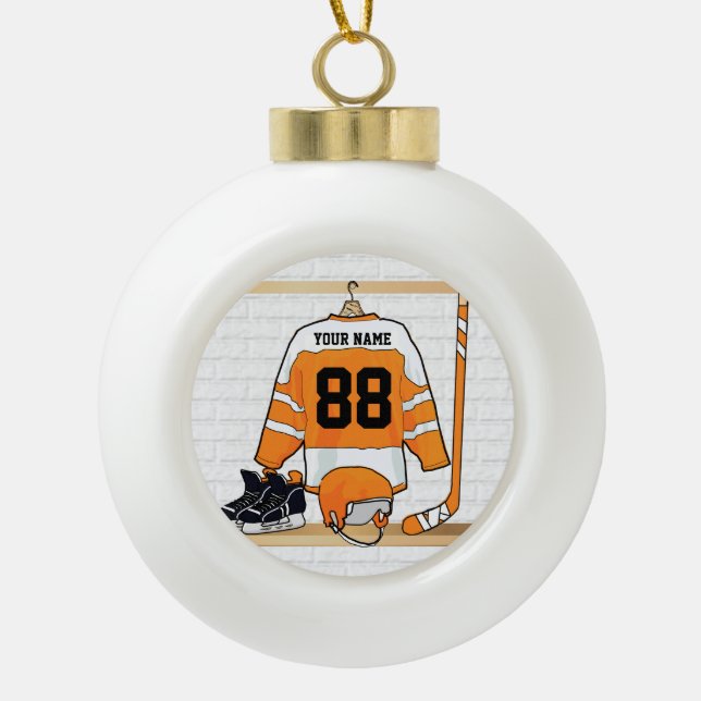 Personalisiertes Orange- und Weißeisenhockey Jerse Keramik Kugel-Ornament (Vorderseite)