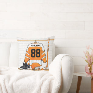 Personalisiertes Orange- und Weißeisenhockey Jerse Kissen