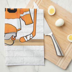 Personalisiertes orange und weißes Eis-Hockey Geschirrtuch