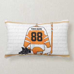 Personalisiertes orange und weißes Eis-Hockey Lendenkissen