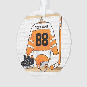 Personalisiertes orange und weißes Eis-Hockey Ornament